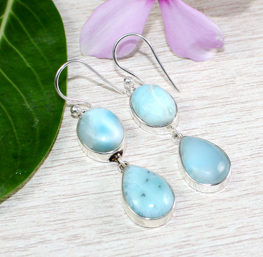Azure Sea Blue Dominican Larimar Earring Of Solid 925 Sterling Silver,handmade Jewelry,gift For Mother,anniversary Gift,anniversary Gift