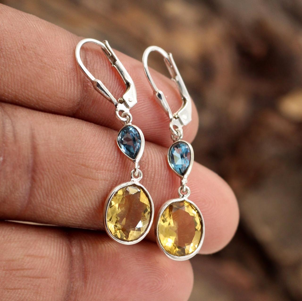Tantalizing Citrine & Blue Topaz Lever Back Earrings,solid 925 Sterling Silver Jewelry,gift Valentine's Earring,anniversary Gift
