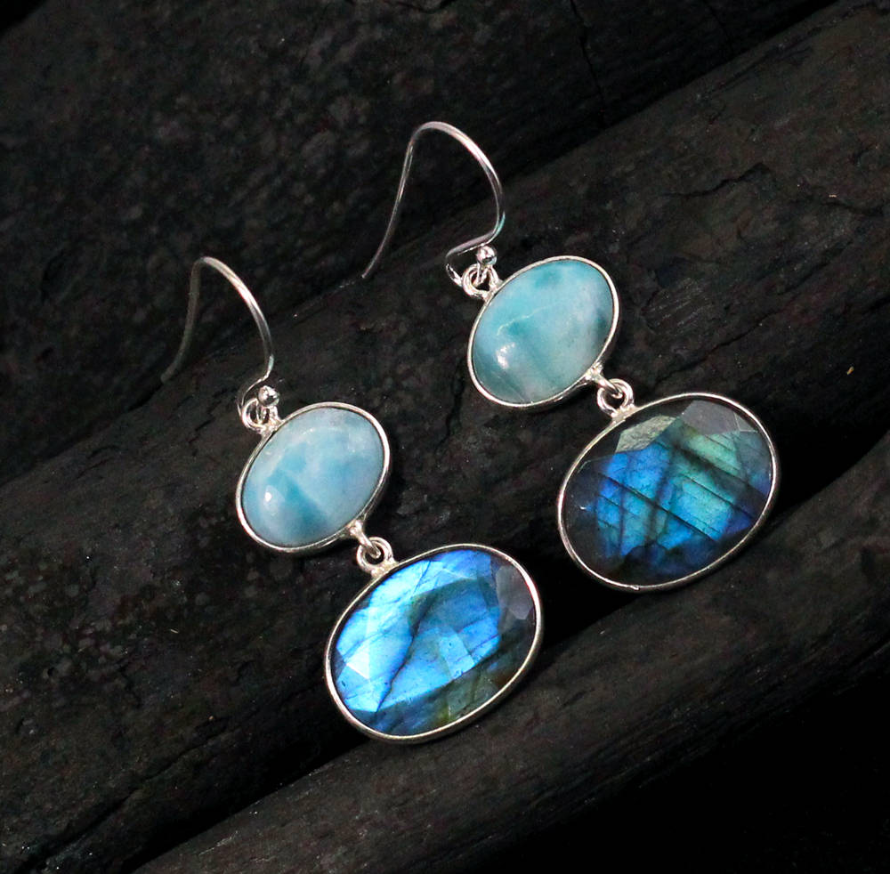 Striking Two Stone Larimar & Labradorite Earring,925 Sterling Silver Earring,gift For Mom,daughter's Birthday Gift,everyday
