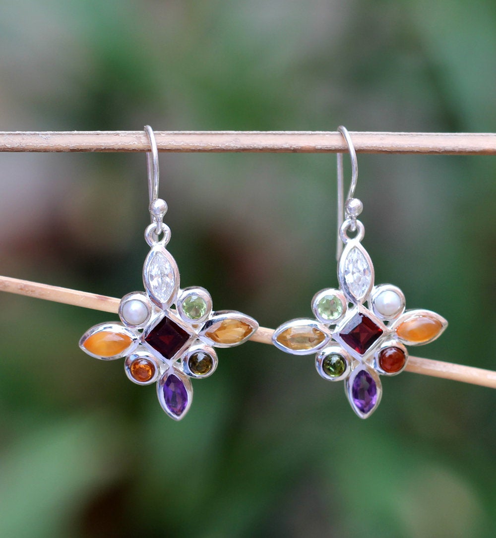 Genuine Gemstones Chain Pendant,(navratan) Nine Planetary Healing Gems Necklace Earring,sterling Silver ,anniversary Gift,proposal Jewelry