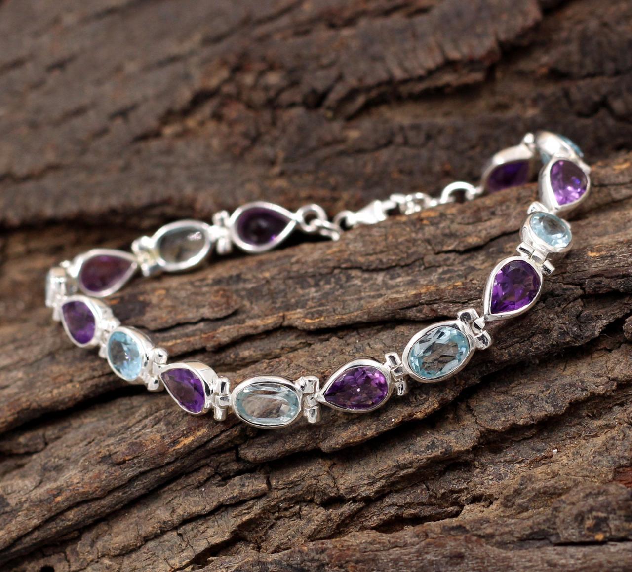 Gorgeous Blue Topaz & Amethyst Tennis Bracelet,solid 925 Sterling Silver,anniversary Gift,christmas Present For Mother,gift For Girl