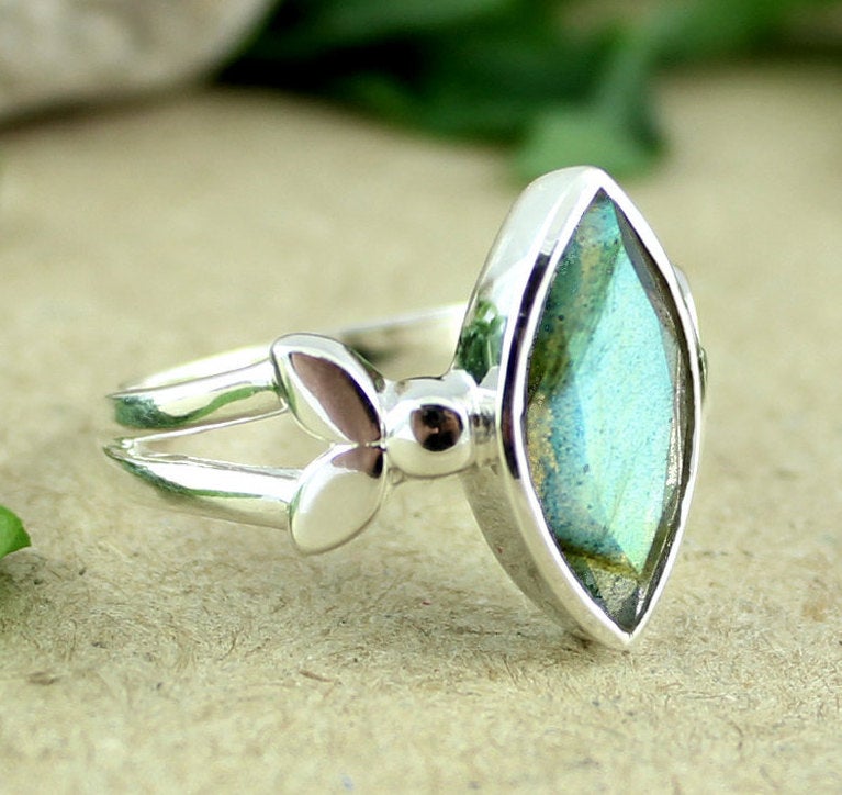 Fire Labradorite Ring,faceted Marquise Gemstone Ring,925 Sterling Silver Jewelry,engagement Ring,mom's Birthday Gift,office Jewelry
