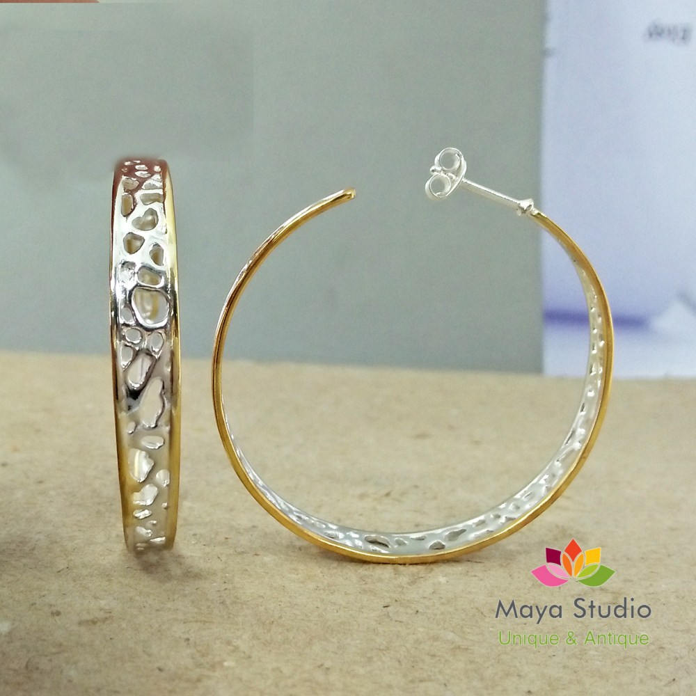 Anniversary Present,delicate Light Weight Hoops,filigree Two Tone Earring,925 Sterling Silver Jewelry,bridal Shower Gift,party Wear Eter1054