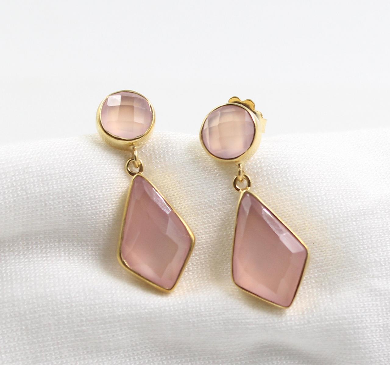 Rose Quartz Gemstone Solid 925 Sterling Silver Gold Plated Birthday Gift For Daughter,anniversary Gift,party Wear Earring