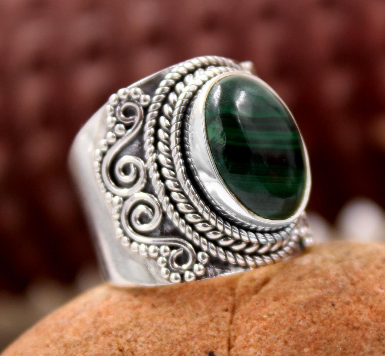 Vintage Malachite Ring Solid 925 Sterling Silver Gemstone Jewelry,birthday Gift For Mom,ethnic Partywear Gift For Girl Friend Ring Size 7us