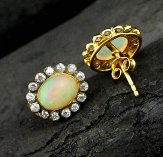 Gorgeous Opal Stud Earrings,cz Halo Earring,anniversary Gift,baby Shower Gift,real Ethiopian Opal,solid 925 Sterling Silver Gemstone Jewelry