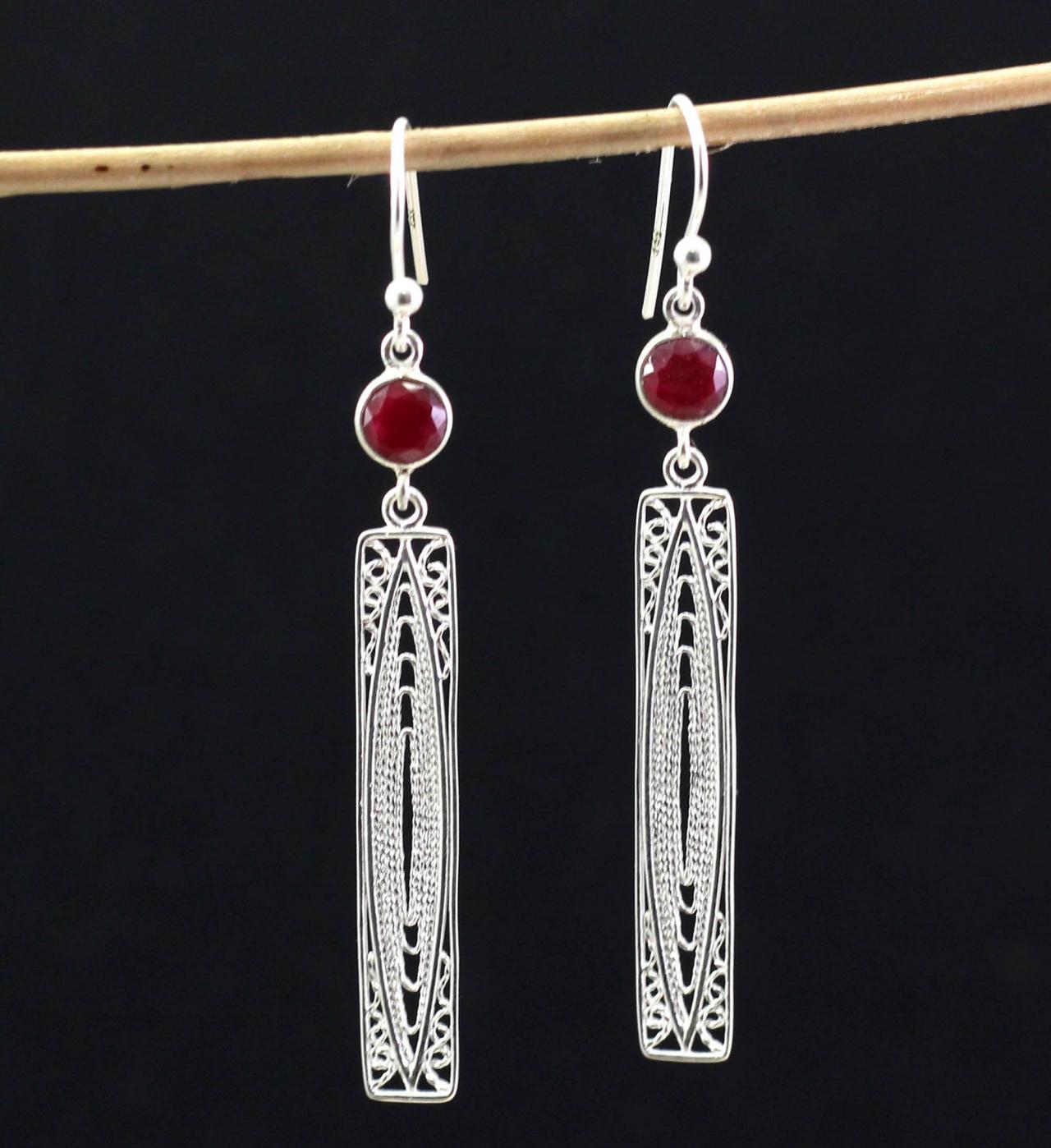 Fine Filigree Hanging Earring Ruby Earring 925 Sterling Silver Jewelry Handmade Earring Valentine Gift Red Corrundum Long Danglers Eter1003