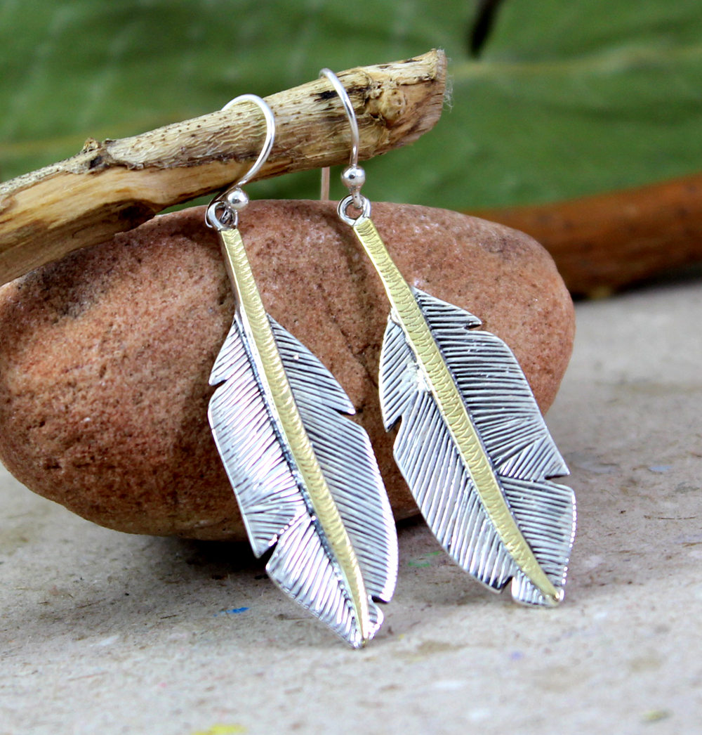 Two Tone Feather Earring,spiritual Symbol Solid 925 Sterling Silver Earring,gift For Mom,thanks Giving Present To Honor,anniversary Gift