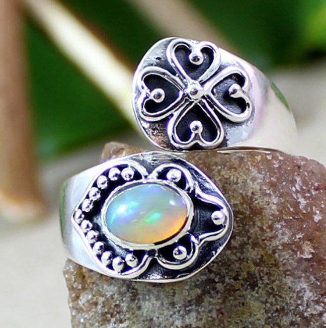 Exotic Opal Front Open Adjustable Ring,solid 925 Sterling Oxidize Handmade Jewelry,anniversary Gift,christmas Present,party Wear Ring For Me