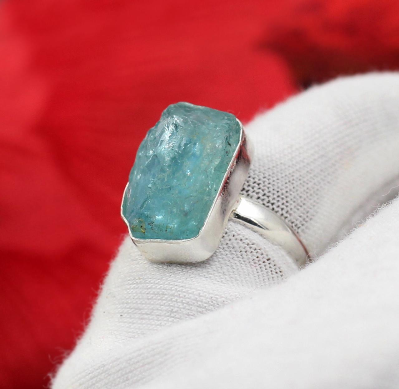 Natural Rough Aquamarine Unique Ring,raw Stone Ring,solid 925 Sterling Silver Jewelry,women's Gift Ring,anniversary Gift Present