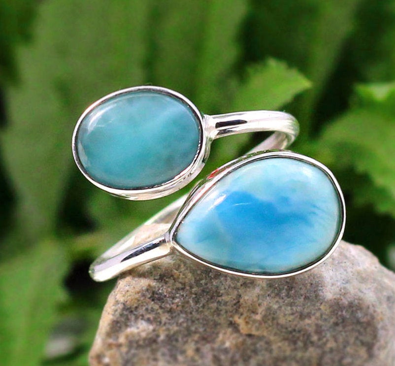 Naturallarimar Ring,dominican Larimar Promise Ring,solid 925 Sterling Silver,adjustable Two Stone Ring,anniversary Gift,christmas Gift Ring