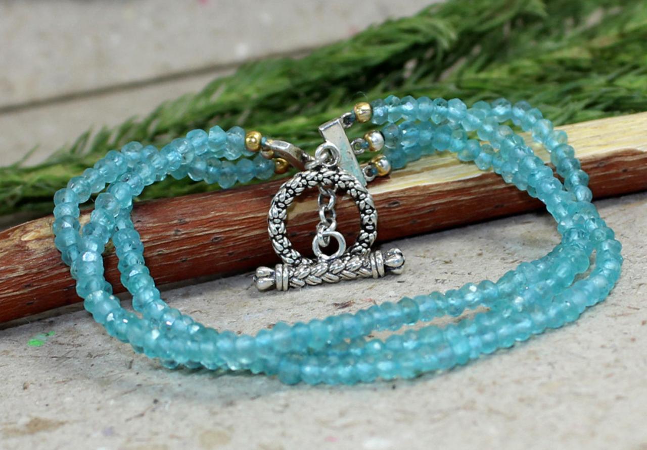 Gorgeous Teal Apatite Beads Three String Bracelet For Me,925 Sterling Silver Anniversary Gift Jewelry,bridal Shower Gift,wedding Jewelry,