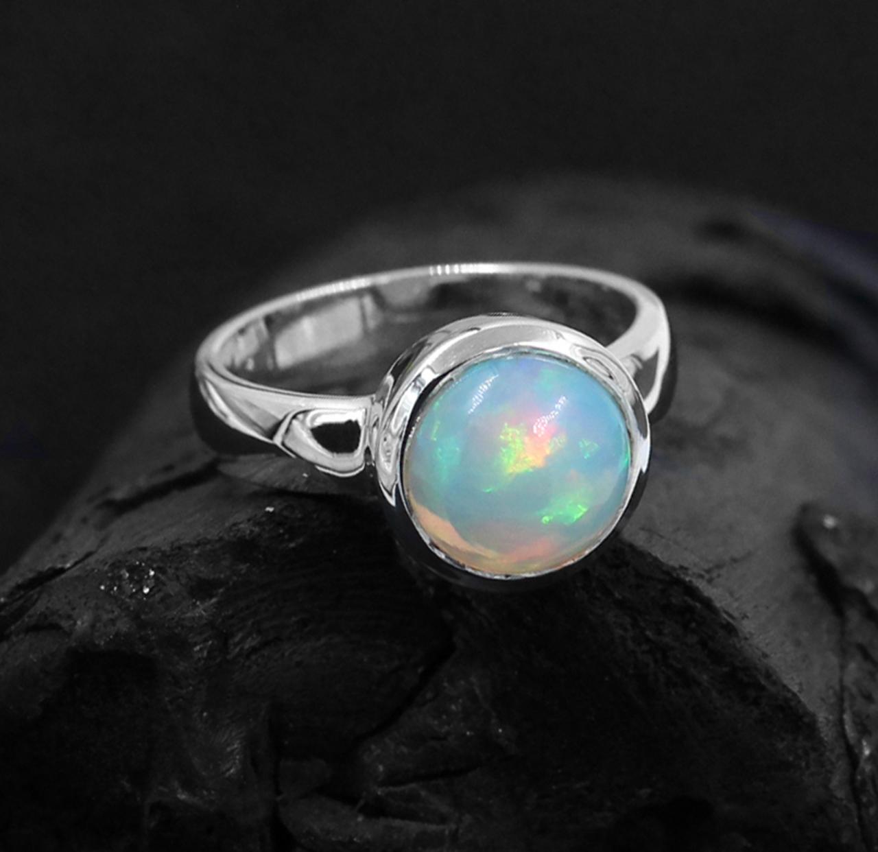 Solitaire 9 Mm Ethiopian Opal Ring,solid 925 Sterling Silver Gemstone Jewelry,engagement Ring,proposal Ring,promise Ring,anniversary Gift