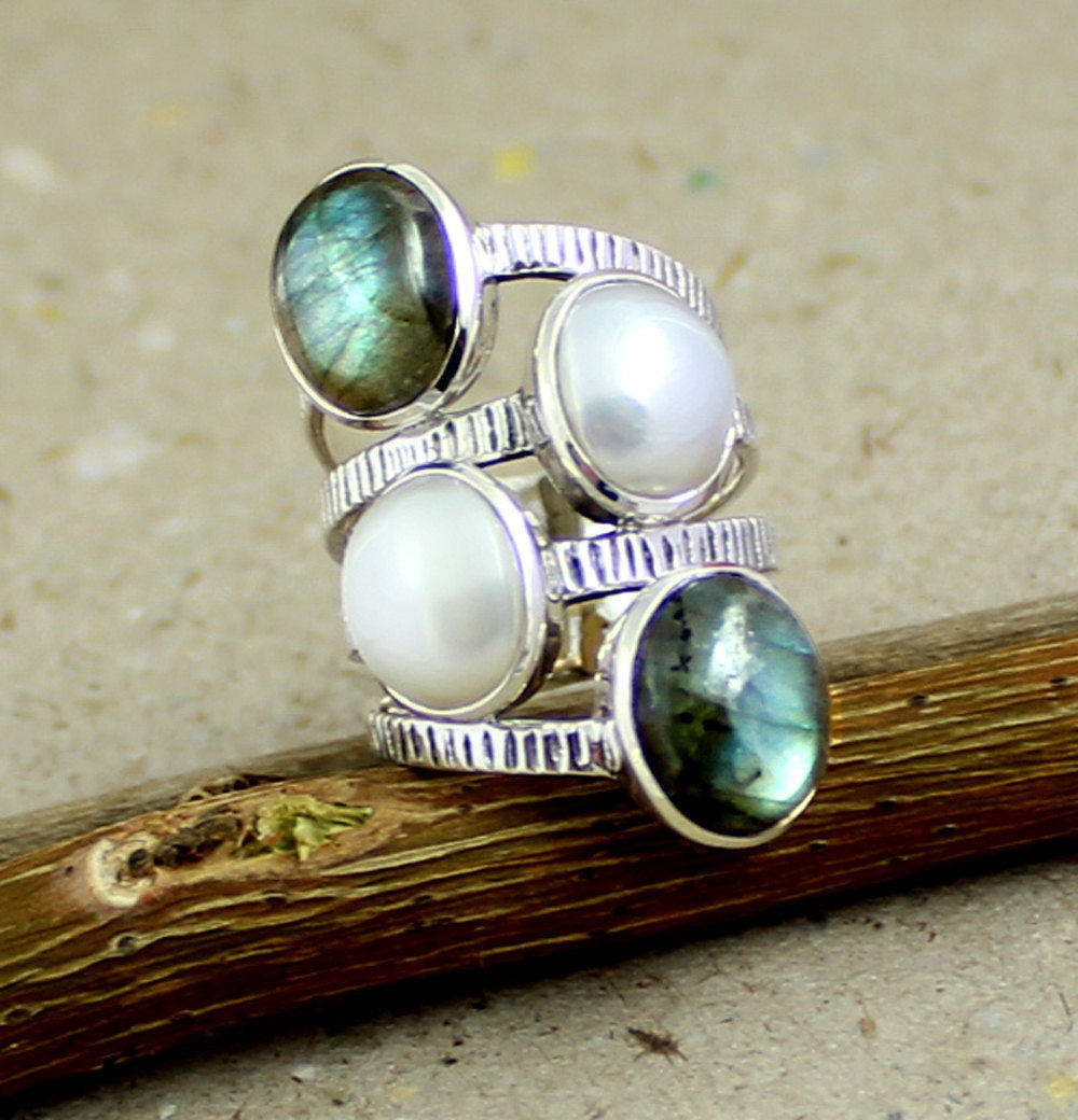 Cocktail Ring,cabochon Labradorite Pearl Ring,925 Sterling Silver Jewelry,men Women Ring,anniversary Gift,present For Dad,brother