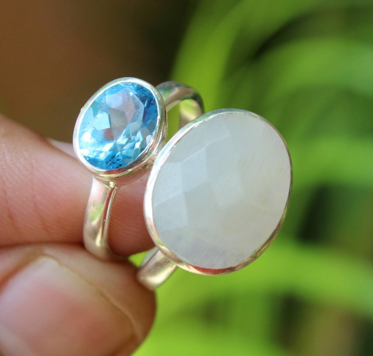Moonstone Ring & Blue Topaz Anniversary Ring,solid 925 Sterling Silver Jewelry,bridal Shower Gift,proposal Ring,surprise Gift For Mother