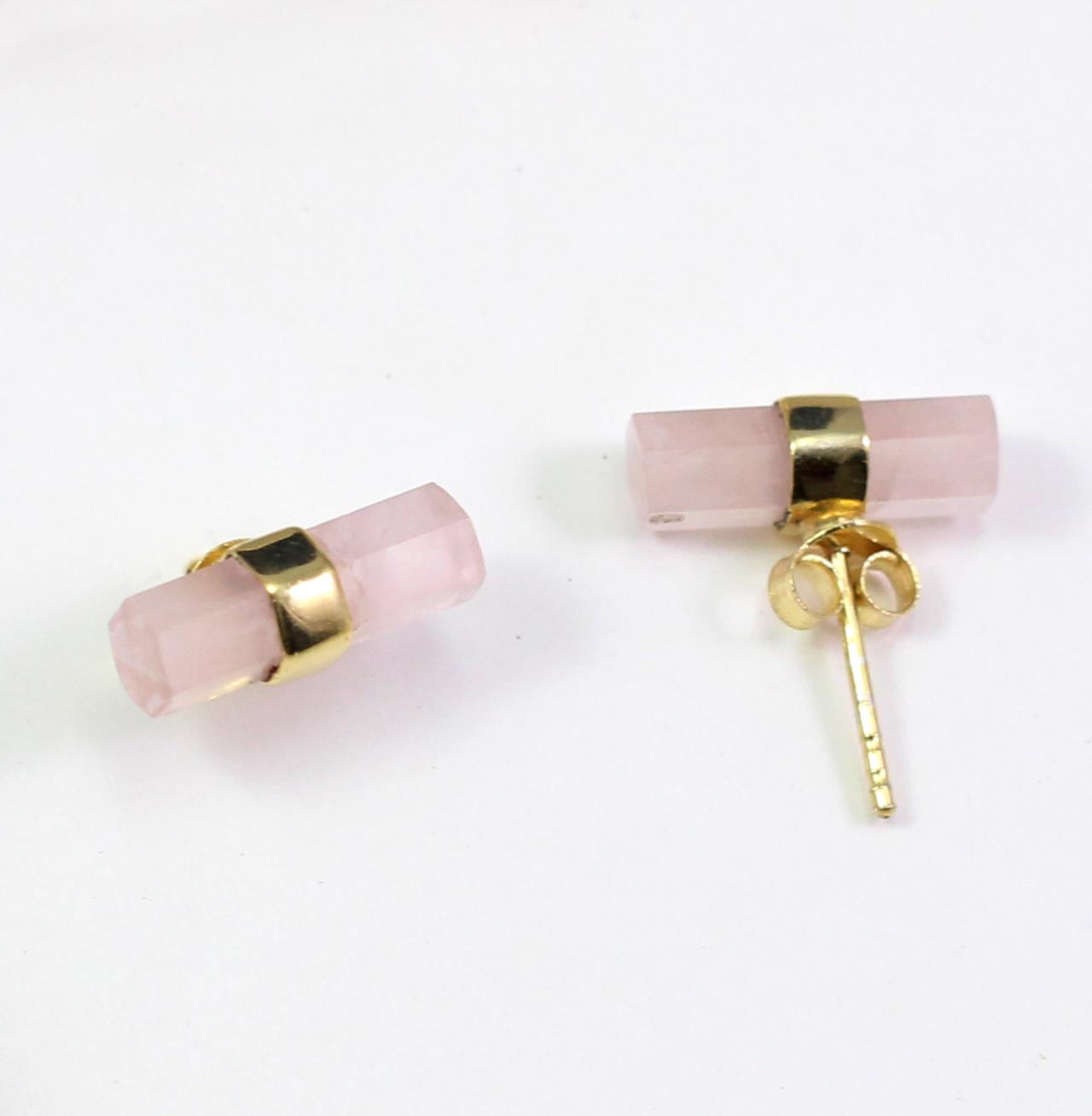 Funky Stud Earring,solid 925 Sterling Silver,rose Quartz Pencil Post,925 Sterling Silver Earring,daughter's Birthday Gift,gift For