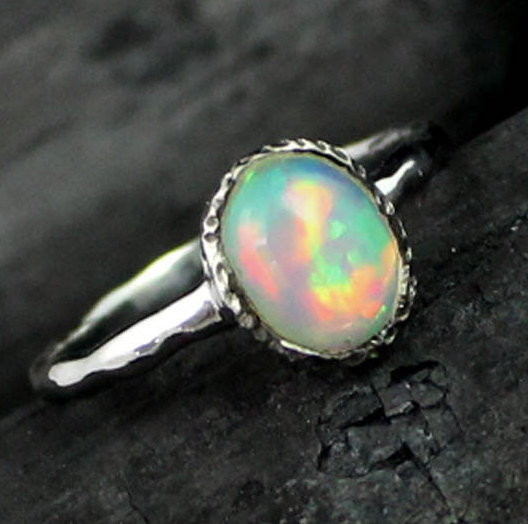 Natural Opal Ring,solitaire Engagement Ring,birthstone Jewelry,bridesmaid Gift,hand Hammered,925 Texture Sterling Silver,ring For Me