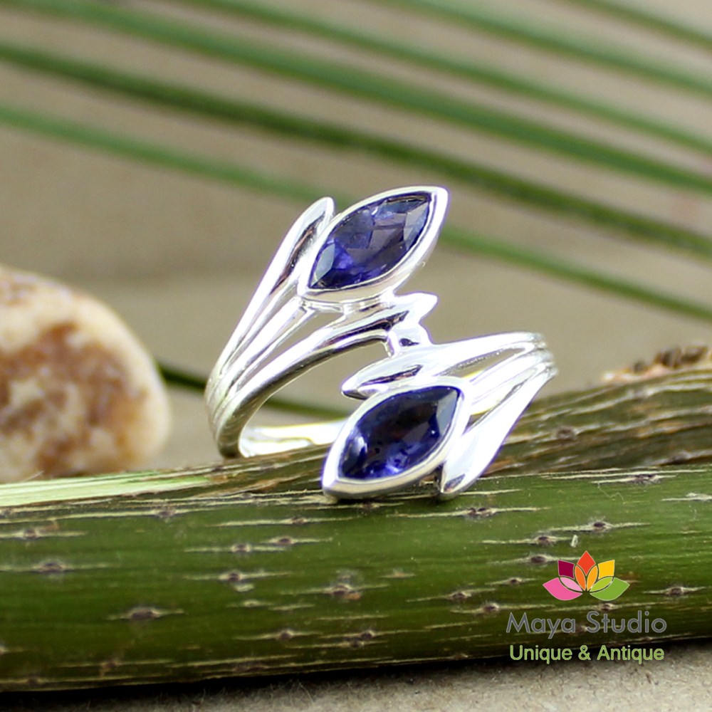 Iolite Ring,two Stone,unique Classy Ring,solid 925 Sterling Silver,gemstone Jewelry,engagement Ring,birthday Present,anniversary Ring Gift,