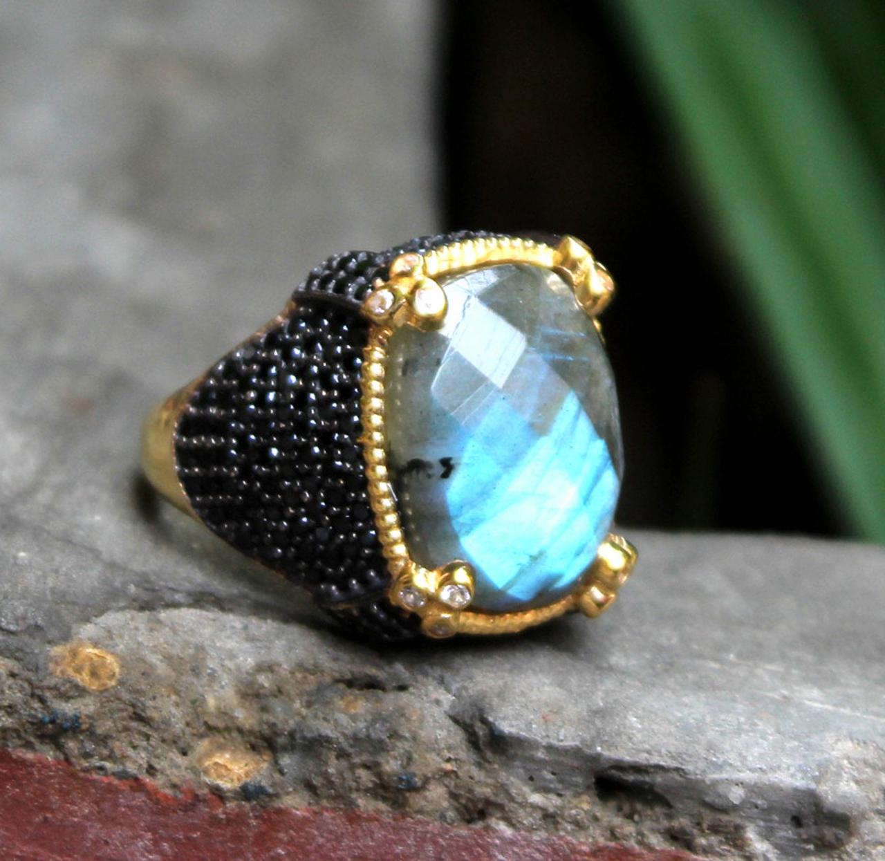 Designer Labradorite, Black Cz Ring,solid 925 Sterling Silver Men/women Jewelry,bohemian Ring,engagement Ring,mom's Bejeweled Year Gift