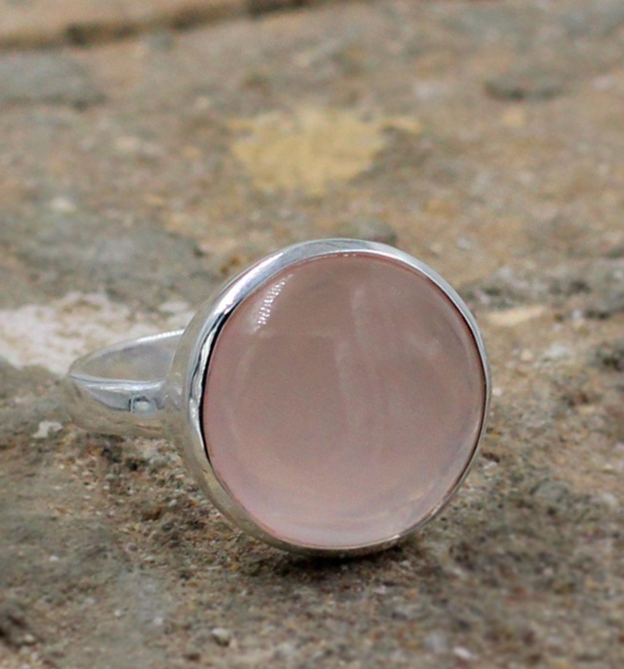 Brazilian Rose Quartz 15 Mm Cabochon,healing Rose Quartz Ring,solid 925 Sterling Silver Jewelry,handmade Ring,anniversary Gift,promise Ring