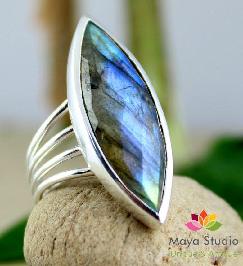 Fire Labradorite Ring,minimalist Handmade Long Marquise Ring,925 Sterling Silver Jewelry,anniversary Gift,valentine Gift Ring,promise Ring