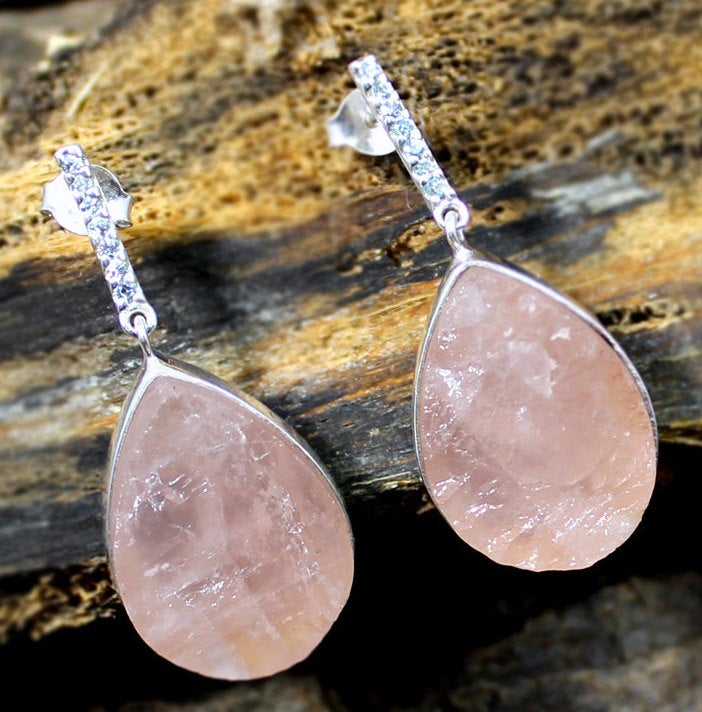 Rough Rose Quartz Earring,quartz Dangler,exclusive Anniversary Gift,925 Sterling Silver Jewelry,birthday Gift For Mom,pink Gemstone,eter1050