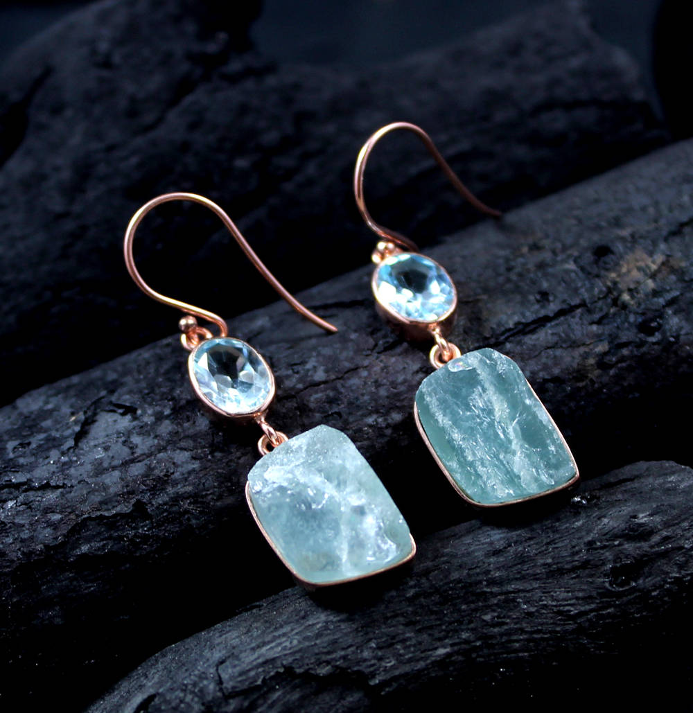 Aquamarine & Blue Topaz Earring,rough Aquamarine Jewelry,rose Gold Plated,handmade Sterling 925 Silver Earring,anniversary Earring