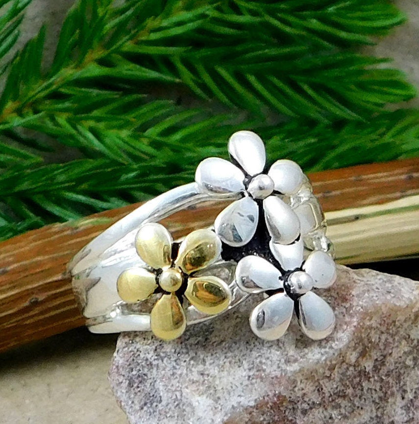 Gorgeous Two Tone Silver Ring,925 Solid Sterling Silver Jewelry,gift For Friend,ring For Sister,anniversary Gift,flower Ring,nature Inspired