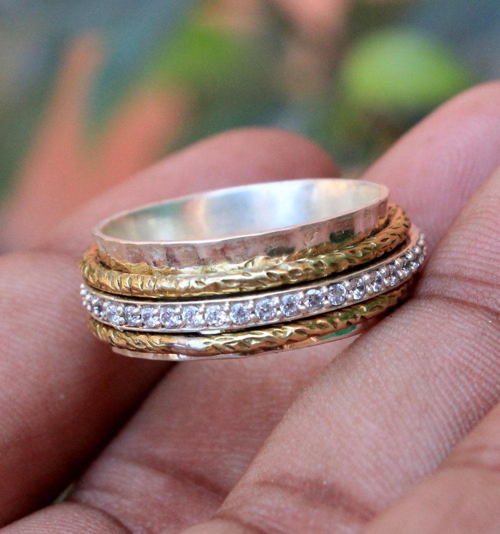 Women Spinner Ring,texture Silver Band,cz Spinner,925 Sterling Silver Ring,mom's Birthday Ring