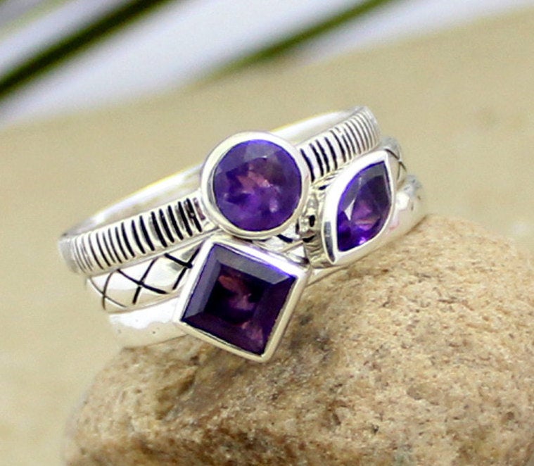 Amethyst Three Stacking Rings Set,anniversary Gift,birthday Present,christmas Gift,dainty Ring Set,solid 925 Sterling Silver Jewelrymr1008