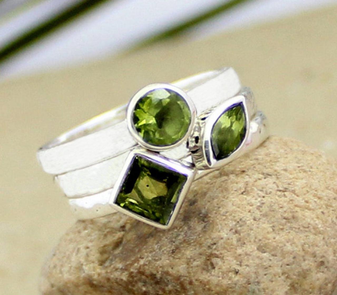 Three Ring Set,peridot Stacking Ring,solid 925 Sterling Silver Jewelry,gift For Girl Friend,birthstone Ring,third Anniversary Ring,gift Ring