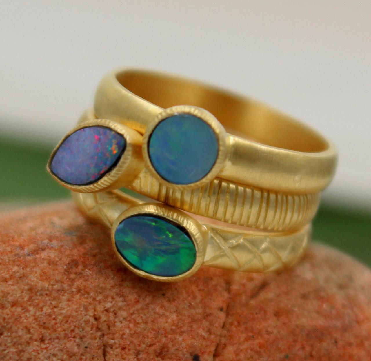 Gorgeous Australian Opal Doublet Ring Set,3 Stacking Rings,solid 925 Sterling Silver Jewelry,valentine Gift,anniversary Ring,