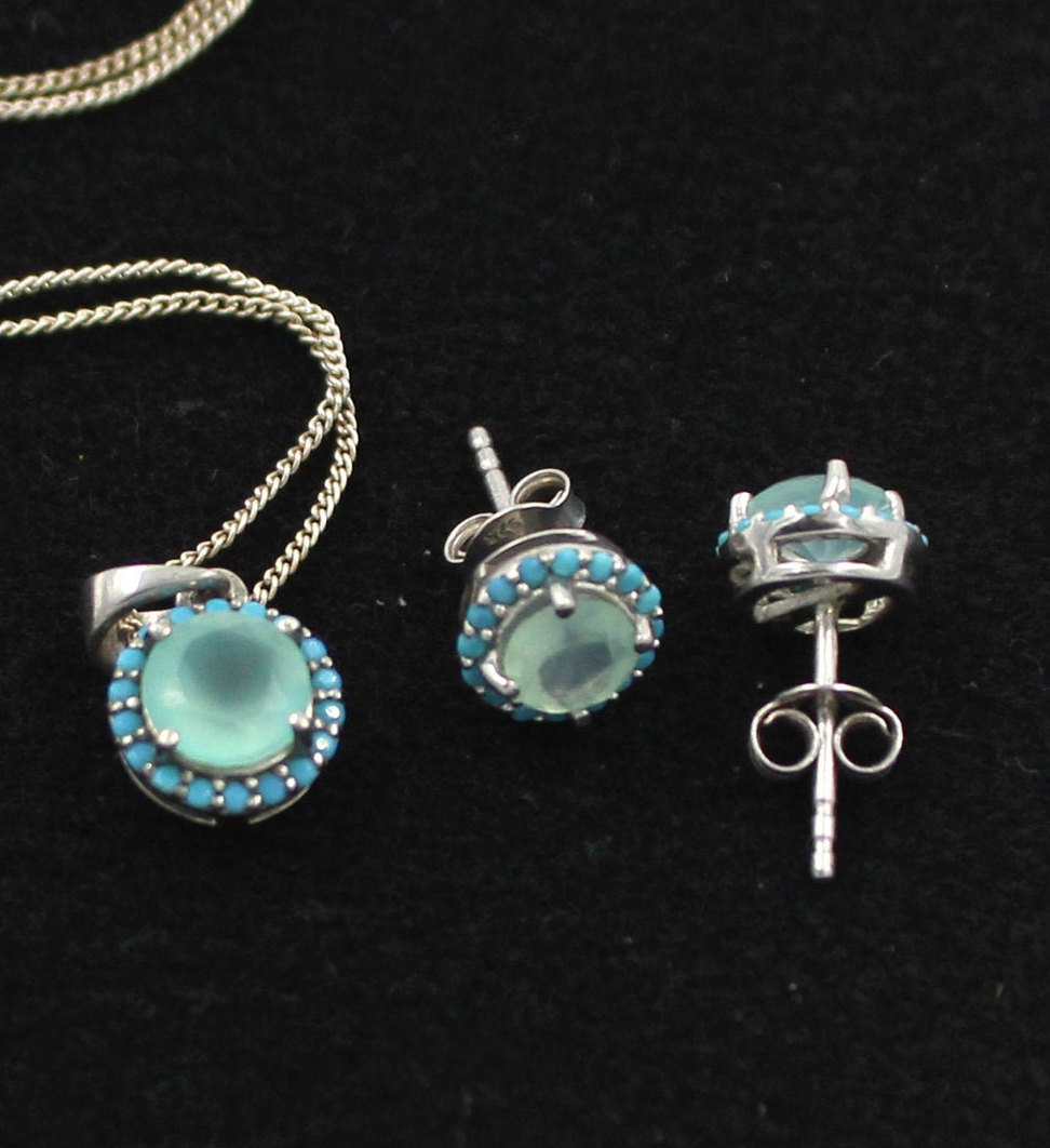 Awesome Cute Little Pendant On Silver Chain & Earring Set,chalcedony Gemstone With Halo Nano Turquoise 925 Sterling Silver Jewelry Gift