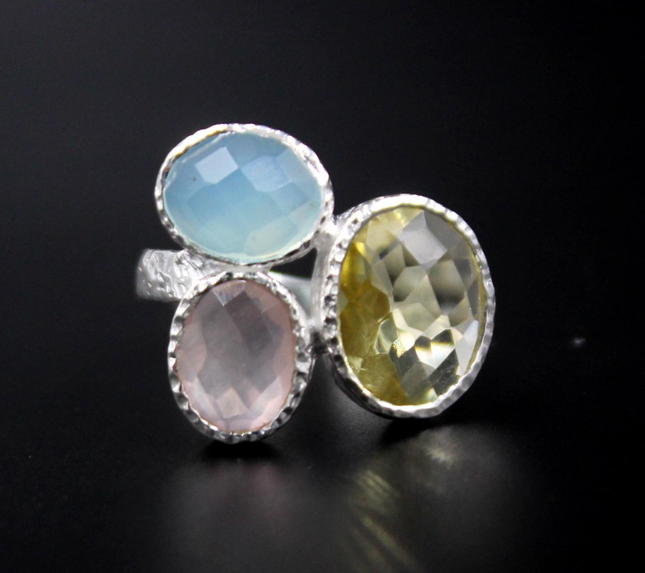 Vibrant Gemstone Ring,rose Quartz,chalcedony Ring Lemon Quartz,solid 925 Sterling Silver,anniversary Gift Ring,ring For Mom,valentine Ring