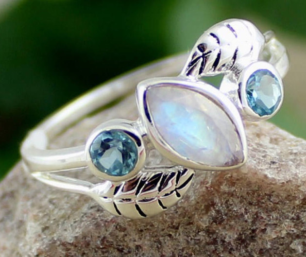Charming Dainty Moonstone Blue Topaz Ring,gift For Daughter's Birthday,solid Sterling 925 Silver Jewelry,proposal Ring,midi Ring For