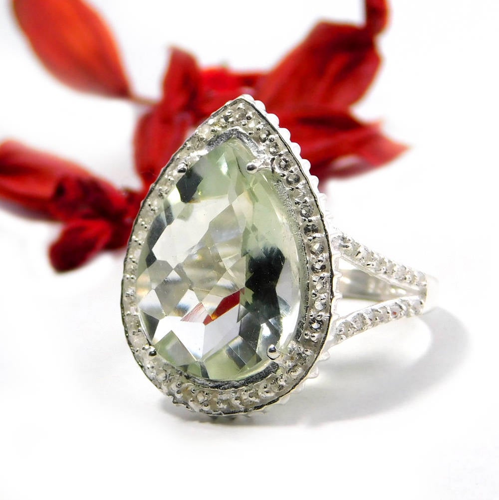Green Amethyst Ring, Prasiolite Stone Ringz Round Shape Ring, Velentine Pear Shape Silver Ring, Green Amethyst Ring Mr1103