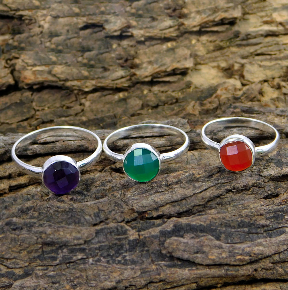 Green Onyx Ring, Amethyst Ring, Carnelian Ring ,sterling Silver Ring, Round Checker Cut Ring,birthday Gift Rings Mr1109