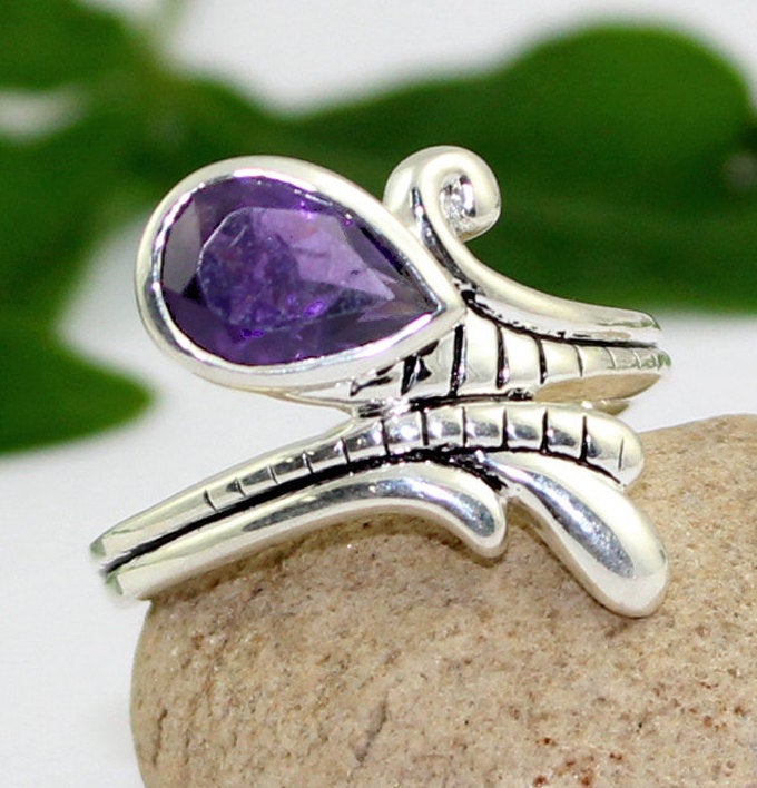 Designer Amethyst Ring,925 Sterling Silver Ring,solitaire,gemstone Jewelry,anniversary Gift Ring,tear Drop,natural Amethyst,promise Ring
