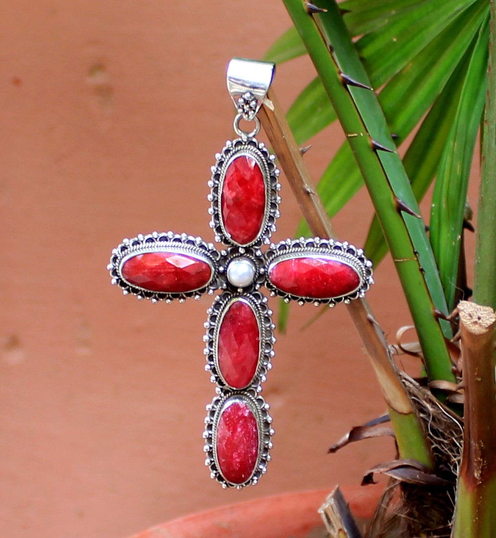 Bold Ruby Pendant,religious Faith Jewelry,solid 925 Sterling Silver Jewelry,gift For Mom,oxidized Silver,chunky Pendant,hallowen Big Cross,