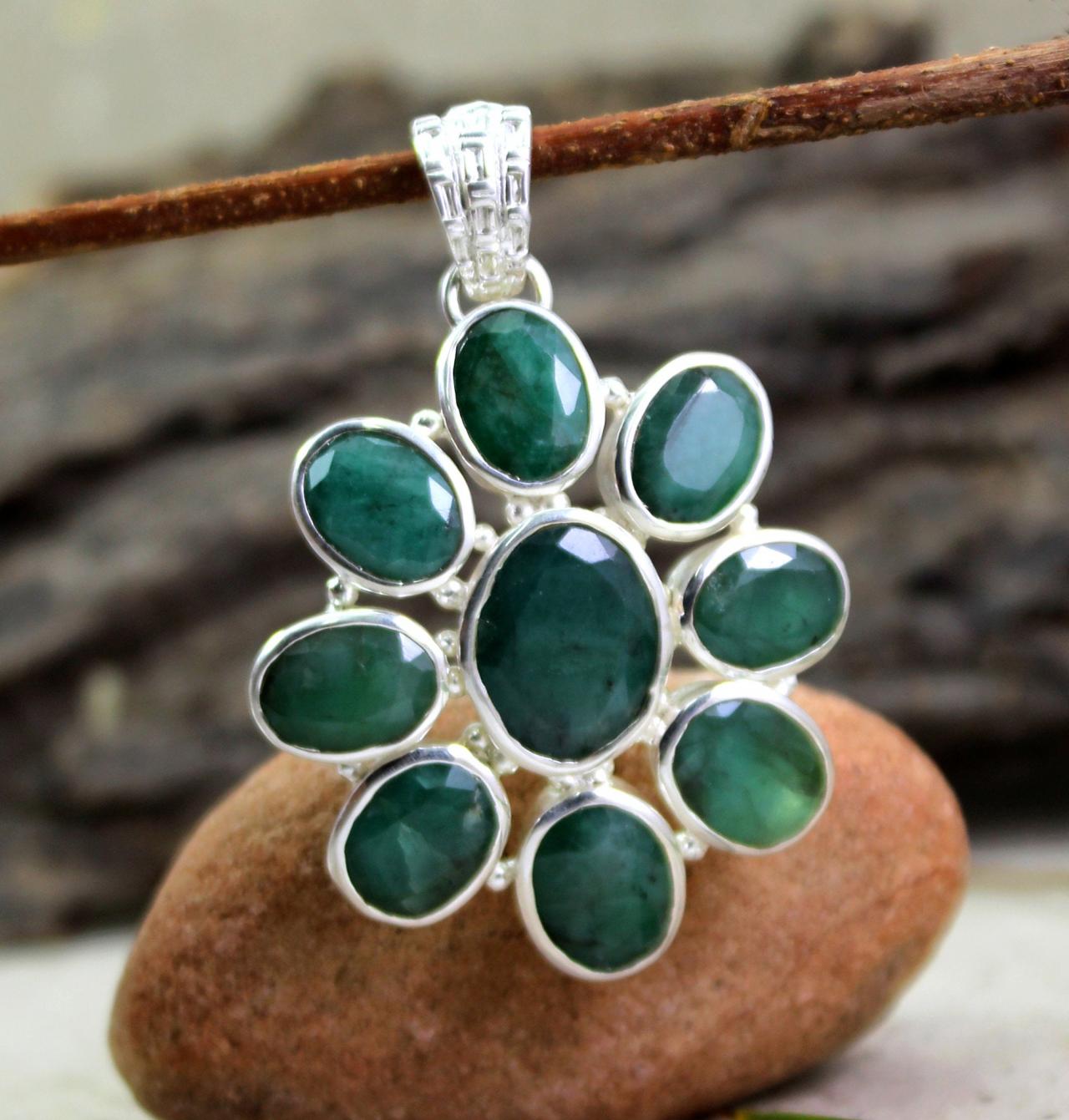 Real Emerald Pendant,solid 925 Sterling Silver,statement Jewelry,genuine Gemstone,thanks Giving Pendant For Mom,anniversary Present Etp036