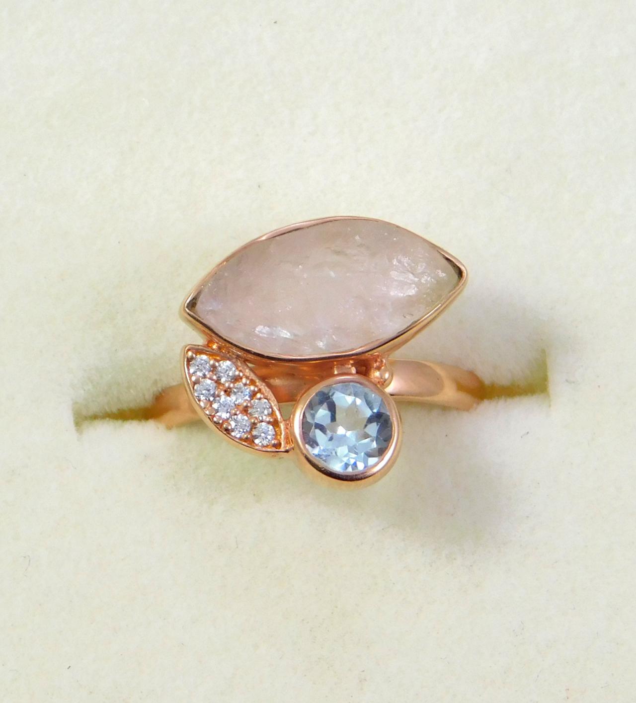 Stunning Spring Ring,rough Rose Quartz Blue Topaz Ring,solid 925 Sterling Silver Jewelry,lovely Handmade Designer Ring,wedding Gift, Mr1229