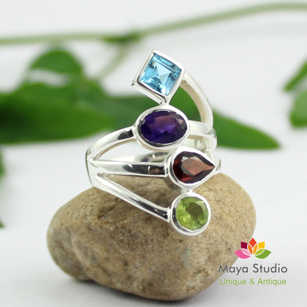 Multi Color Party Ring,peridot Swiss Blue Topaz Ring,925 Sterling Silver,faceted Gemstone Jewelry,cute Birthday Gift,valentine Gift Mr1153