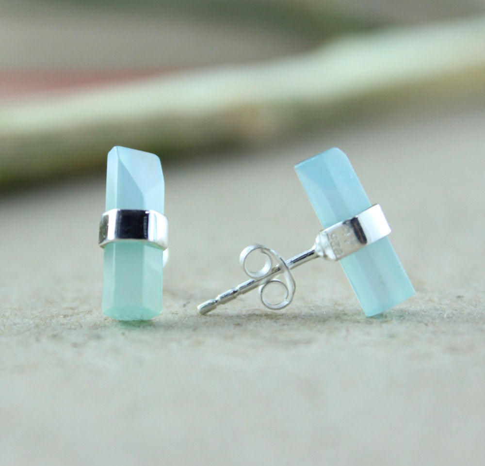 Funky Chalcedony Stud Earring,925 Sterling Silver Jewelry,pencil Cut Gemstone,fancy Stud Earring,casual Earring,gift For Daughter/sister/mom