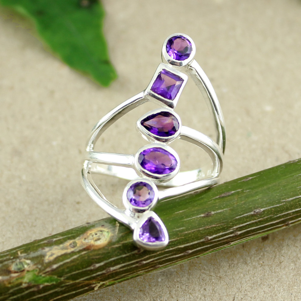 Amethyst Silver Ring,purple Gemstone Ring,925 Sterling Silver,cocktail Party Birthstone Ring Gift,long Multi Stone Anniversary Ring Mr1007