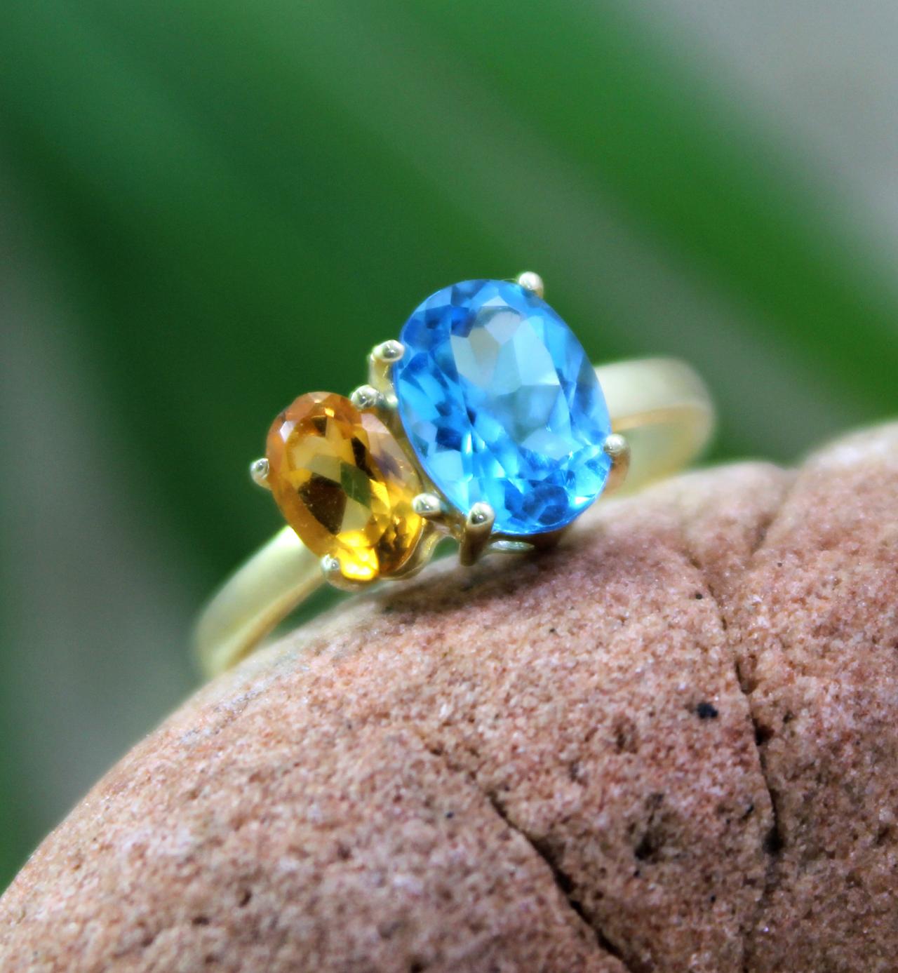 London Blue Topaz Ring,engagement Ring,swiss Blue Topaz Citrine Gold Plated Ring,925 Sterling Silver Jewelry,anniversary Ring,birthday Gift
