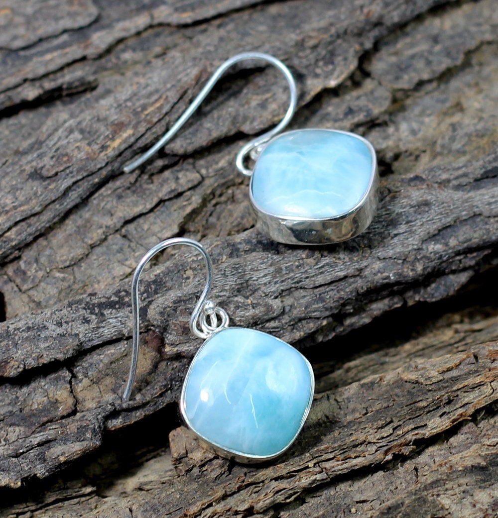 Dominican Larimar Earring,925 Sterling Silver Earring,blue Cabochon Danglers,925 Sterling Silver Jewelry,handmade Anniversary Gift Earring