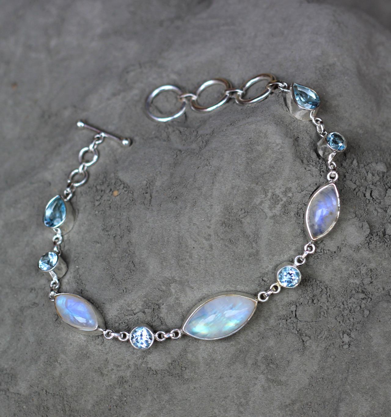 Gorgeous Moonstone Blue Topaz Bracelet,925 Sterling Silver Bracelet,anniversary Gift,baby Shower Gift,birthday Gift,gemstone Silver Jewelry.