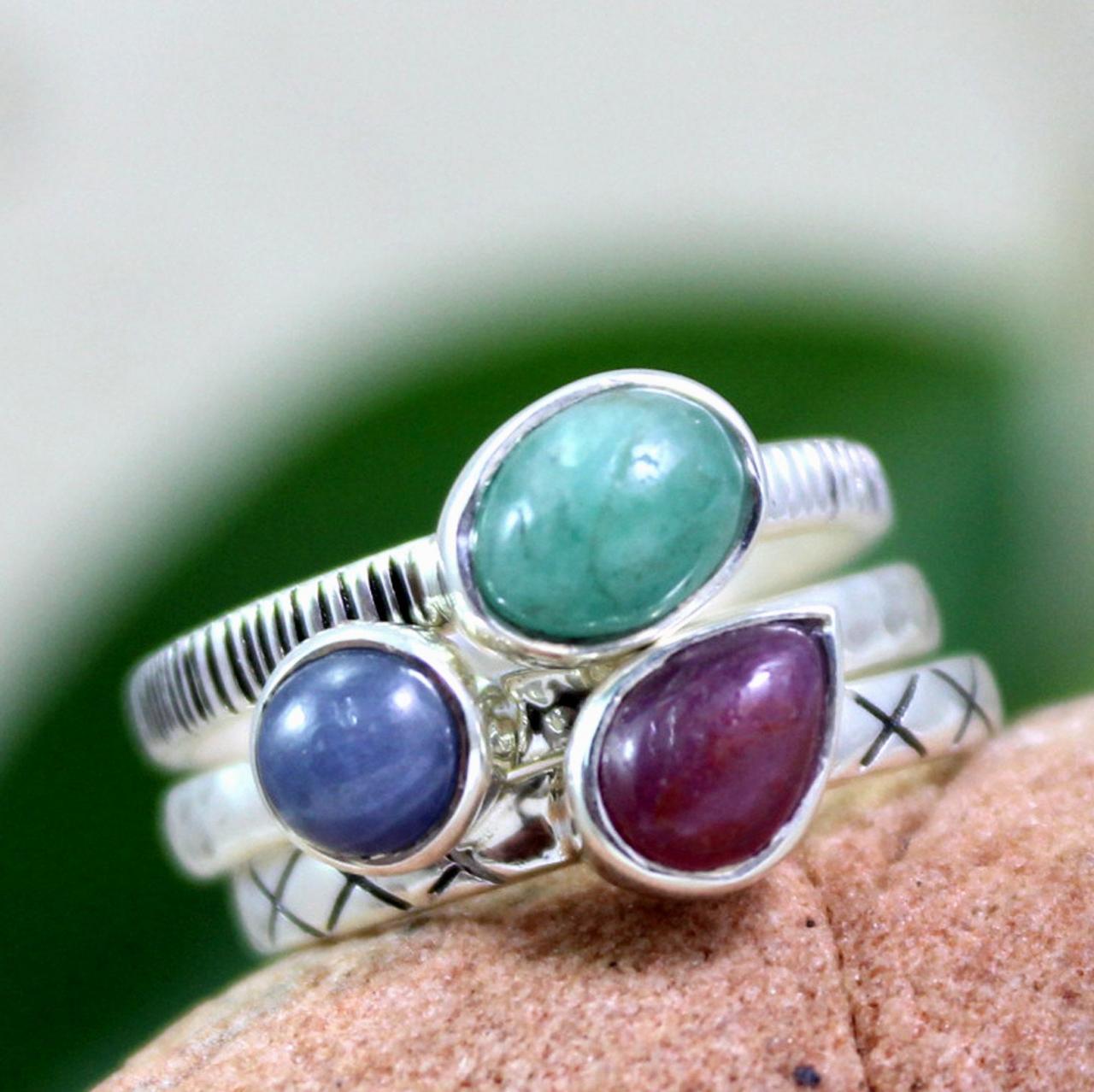 Real Ruby,emerald,sapphire Stacking Rings,engagement Ring,anniversary Gift Ring,925 Sterling Silver Jewelry,anniversary Gift, Proposal Ring.